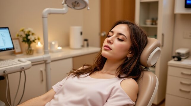 A woman relaxes in a dental chair during a treatment session.
