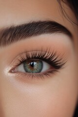Obraz premium Close-up of a Woman's Eye with Eyelashes: A captivating close-up shot focusing on a woman's eye, accentuated by long, full eyelashes and subtly applied peachy eyeshadow.