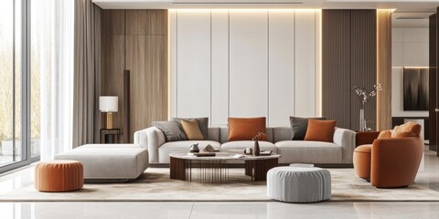 Modern luxury living room with a comfortable sofa and ottomans