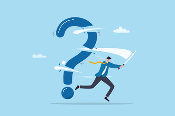 Problem solution, solve question mark, uncertainty or confusion, advice decision or challenge to overcome issue, trouble or difficulty concept, businessman cut question mark metaphor of resolution.