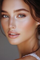 Fototapeta premium Radiant Beauty Portrait: Close-up portrait of a young woman with radiant skin and natural makeup, showcasing her stunning eyes and soft features.