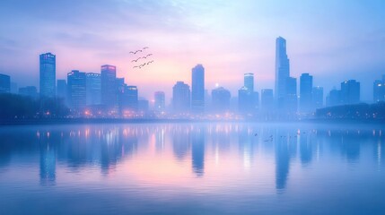 Naklejka premium Misty Cityscape at Dawn: Serene Reflection of Urban Skyline
