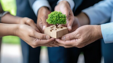 Hands of people holding a small green seedling tree symbolizing sustainable growth environmental conservation and a collective responsibility for protecting the planet s future