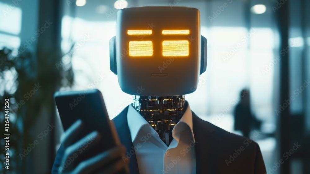 Poster close up and front view of businessman hand using cellphone with glowing robot head on blurry office