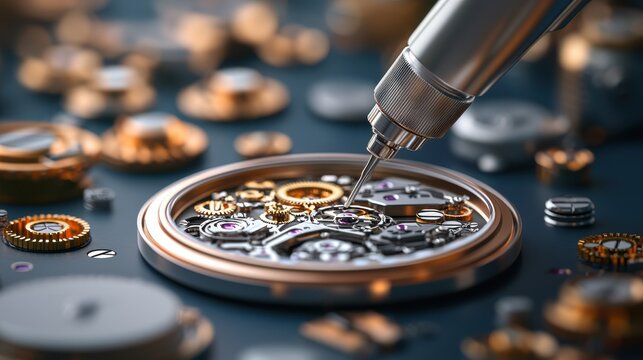 Close up of a watchmaker s hands carefully repairing the intricate gears and components of a vintage mechanical clockwork mechanism using a magnifying glass  The image showcases the precision