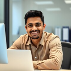 Hermoso hispano sentado en la oficina. Sonriendo brillantemente.