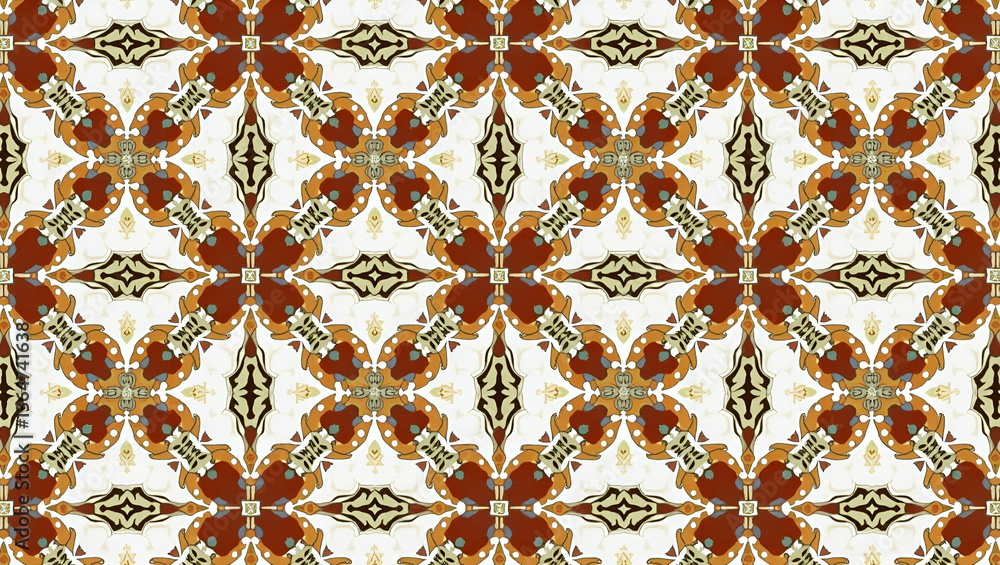 Poster flat construct layered symmetrical motifs mixing folk inspired swirl and geometric lattice for profe