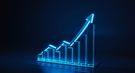 Growth trends illustrated through a glowing neon blue line graph symbolizing positive progress and increasing performance metrics