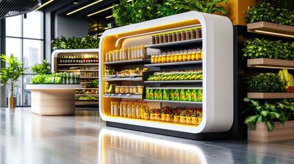 Innovative Hydroponic Grocery Store Interior with Sleek Design Shelves of Fresh Organic Produce and Lush Greenery Accents for Sustainable Shopping Experience