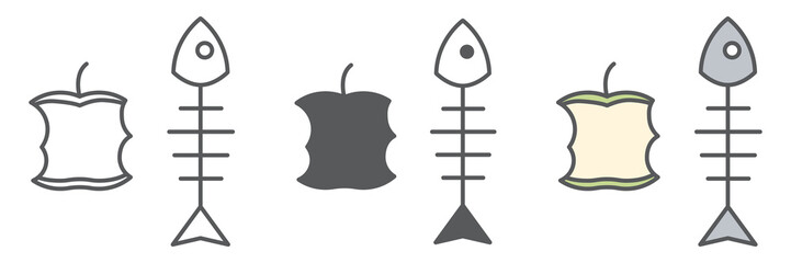 Organic waste icon collection, apple core and fish skeleton, food waste vector icon set, vector graphics, editable stroke outline sign, eps 10