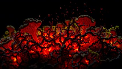 Glowing Fungi Colony with Intricate Mycelium Structure, Bioluminescent Fungal Growth in a Dark Mysterious Environment, Surreal Organic Patterns and Alien-Like Mushroom Network