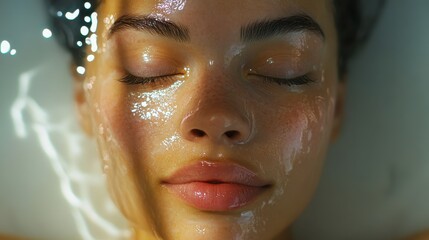 Serene Beauty: A close-up of a young woman with closed eyes, her skin radiant, immersed in a serene and tranquil bath, the perfect embodiment of peace and tranquility.