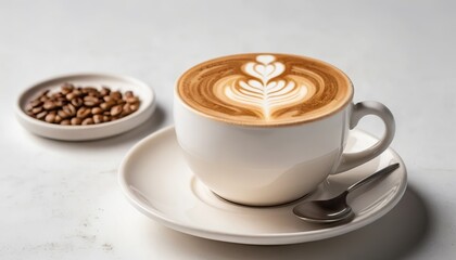 A steaming cup of latte art, a delicate floral design crowning rich, creamy coffee, accompanied by a small dish of roasted coffee beans; soft light, minimalist setting.