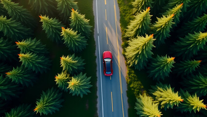 Aerial Top View of Forest Road with Car: Symbolizing New Year 2026 Business Goal Planning, Growth Strategy, and Annual Development for Achieving Success - Stock Photo Concept