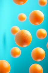 Vertical 3D rendered illustration of falling orange balls against a contrasting blue background, with dynamic shadows and reflections.