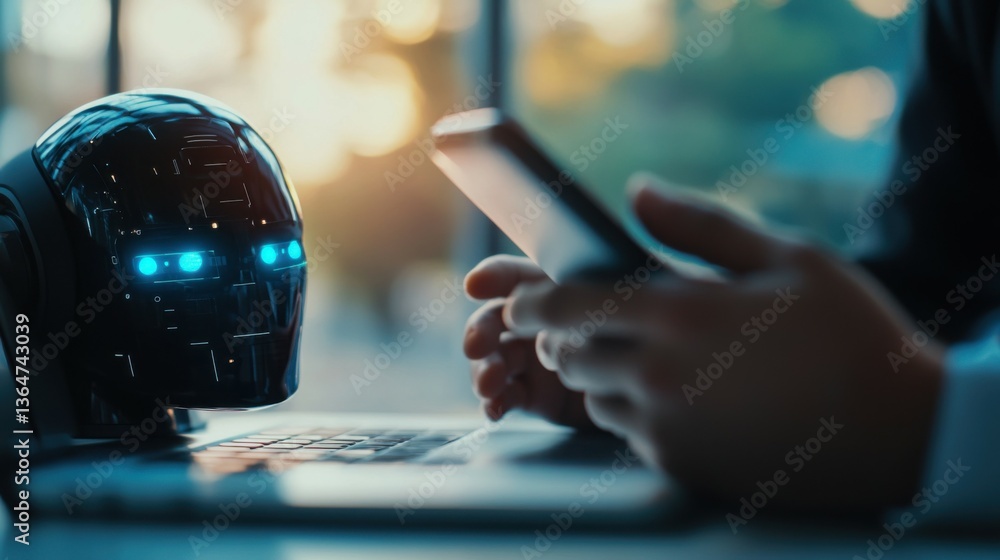 Poster close up of businessman hand using cellphone and laptop with glowing robot head on blurry background