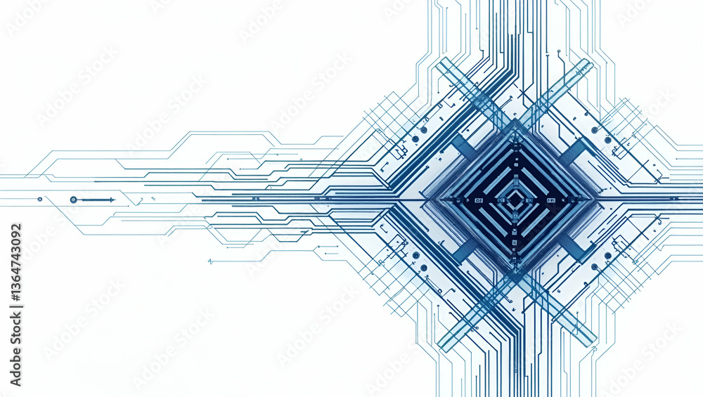 Poster futuristic abstract techno circuits tile design with interlaced digital schematics on white backgrou