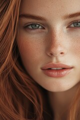 Fototapeta premium Portrait of a woman: A close-up shot of a woman with stunning red hair and captivating freckled skin, her captivating blue eyes reflecting a hint of serenity.