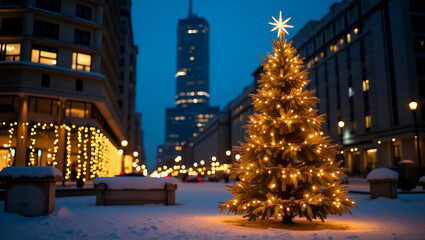 Festive Christmas Tree Adorned with Lights and Ornaments Amidst Urban Construction Site: A Unique Blend of Holiday Spirit and Modern Architecture - Perfect Photo Stock Concept with Empty Space for Cus