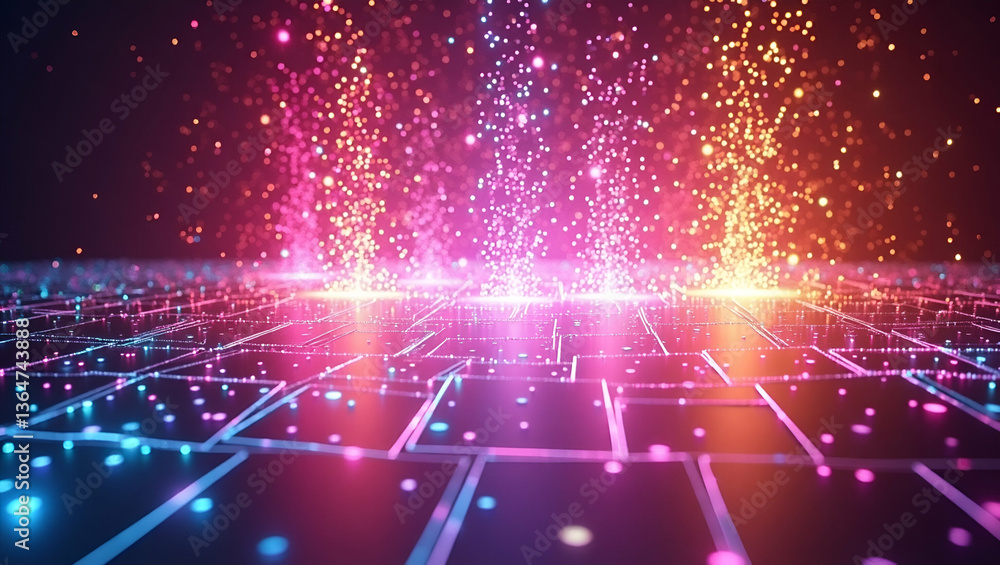Poster energizing neon sparkle tile patterns with starbursts and highlights over white for dynamic brand re
