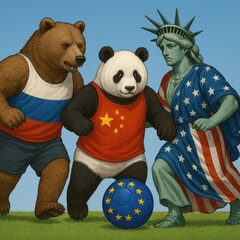 Cartoon representation of global powers: bear, panda, and statue of liberty with soccer ball