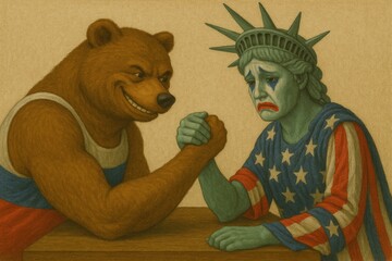 Bear arm wrestling with statue of liberty in symbolic encounter