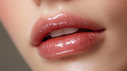 Naklejka premium Luscious Lip: A close-up shot reveals a pair of lips, glistening with a touch of gloss, and exuding a radiant allure. Capturing their full form.