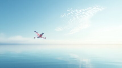 Peaceful flamingo in flight over serene water