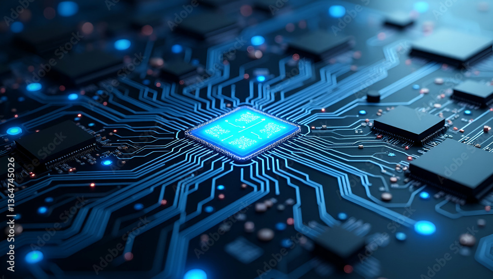 Poster innovative tech tile design: seamless blend of precise digital circuit textures and abstract schemat