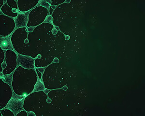 Abstract network of glowing green molecules on dark background