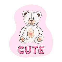 Adorable white teddy bear illustration with a pink background and cute typography. Vector illustration