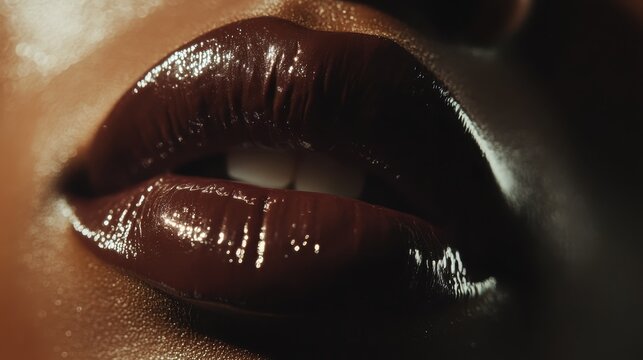 Sensual Lips in Dramatic Light: A close-up captures a pair of lips, painted with rich, dark lipstick, glistening alluringly in dramatic lighting.