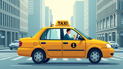 3d Flat icon as Individual with a New York taxi laptop and coffee overlay symbolizing urban mobility in double exposure with copy space. concept as An individual blended with a New York taxi laptop an