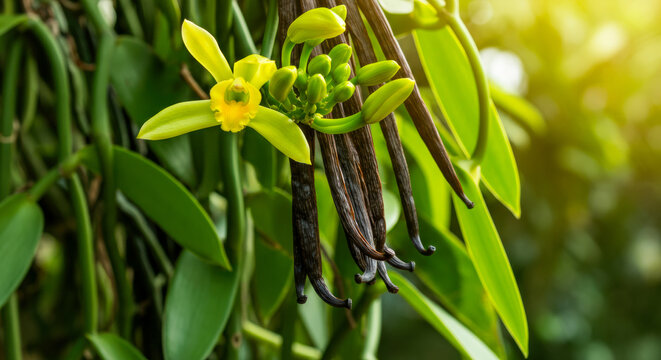 Beautiful vanilla orchid plant with bright yellow flowers and green leaves in a sunny garden setting