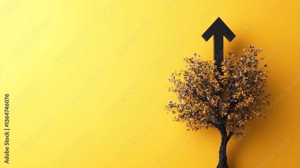 Poster tree with upward arrow symbolizing growth on yellow background. copy space.