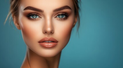 Ethereal Beauty: A striking close-up portrait of a model showcases flawless skin, captivating eyes, and expertly applied makeup.