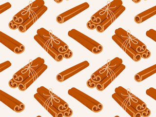 Seamless pattern with bunch of cinnamon sticks tied with jute rope. Seasonal background texture idea. Sweet cooking and bakery spices. Vector illustration