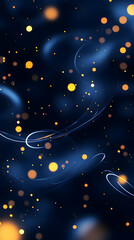 Abstract swirling dark blue background with glowing golden bokeh lights