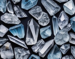 Stakeholders framework concept. A stunning collection of various crystals showcasing different shapes, sizes, and shades of blue and clear hues against a dark background.