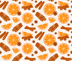 Seamless pattern with orange slices, cinnamon sticks tied with jute rope. Sweet cooking and bakery spices. Vector illustration