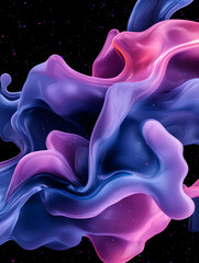 Abstract swirling purple and blue liquid forms against a black background with sparkles