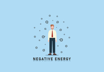 A businessman who is exhausted from work and surrounded by negative energy. Unhappy man standing on blue background. Business concept. Vector illustration