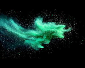 Abstract teal and emerald green powder explosion on black background