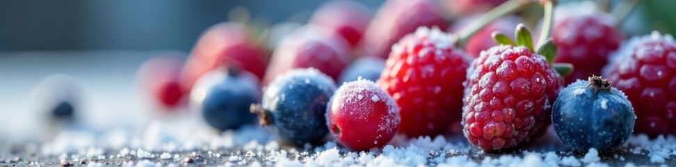 Close-up of assorted frost-covered berries with a blurred background of frozen berries, frozen, cold