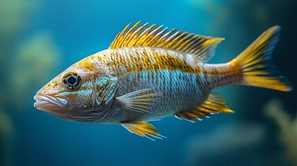 Fototapeta premium Yellow-striped fish swimming in aquarium, underwater background, for marine life websites