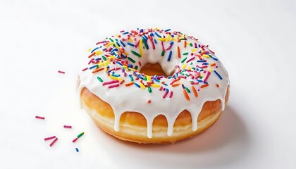 Delicious Donut with White Icing and Colorful Sprinkles Studio Shot