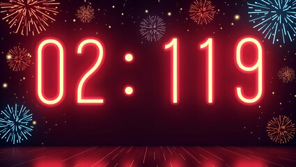 Vibrant Neon Countdown with Fireworks Border for New Year Celebration