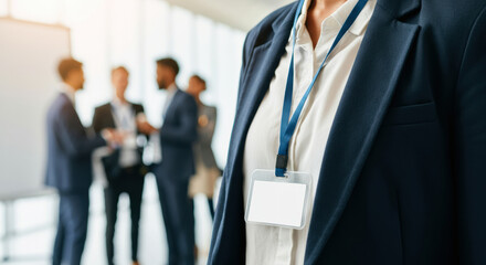 Fototapeta premium Business professionals engage in discussion while a member displays a conference badge in a modern office setting