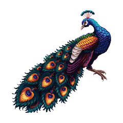 Obraz premium Majestic peacock with vibrant feathers in detailed pixel art.