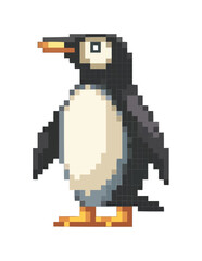 Obraz premium Pixel art penguin with orange beak and feet on white background.